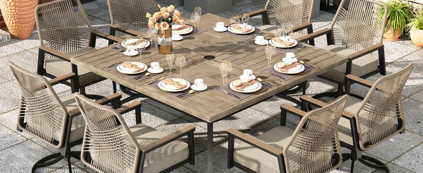 MIXPATIO 7 Pieces Round Outdoor Dining Set for 6, Patio Dining Set Wicker Rattan Chairs with Soft Cushion and 54" Round Table with Umbrella Hole, Round Patio Table and Chairs for Backyard Porch