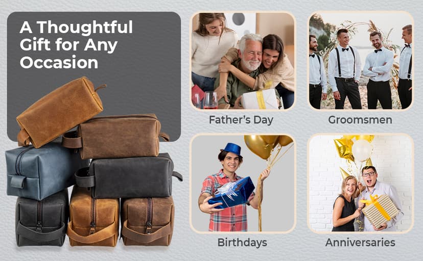 Personalized Leather Toiletry Bag for Men - Handmade Custom Engraved Dopp Kit, Perfect Gift for Dad, Husband, Birthdays & Anniversaries, Groomsmen Gifts, Travel Size Bag, Gifts for Him