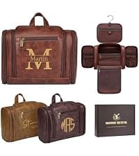 Large Hanging Leather Dopp Kit Engraved Monogram Brown Waterproof Bathroom Shaving Grooming Accessory|Luxury Unique Male Gift Personalized Gifts for Men Dad Father Birthday Toiletry Travel Bag J B0GL21B7QQ