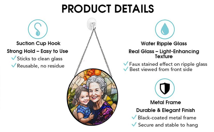 LOVELYPOD Personalized Grandma Stained Glass Sun Catcher, Photo Family Portrait Faux Window Hanging Ornament, Custom Photo Gift, Grandma Gifts, for Mom, Christmas Ornament