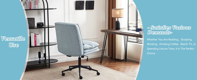 VINGLI Cloud Criss Cross Legged Chair,18" High Back Armless Home Office Desk Chair with Wheels,Wide Adjustable Comfy Padded Seat Task Computer Chair,Modern Swivel Makeup Vanity Chair,Fabric,Blue
