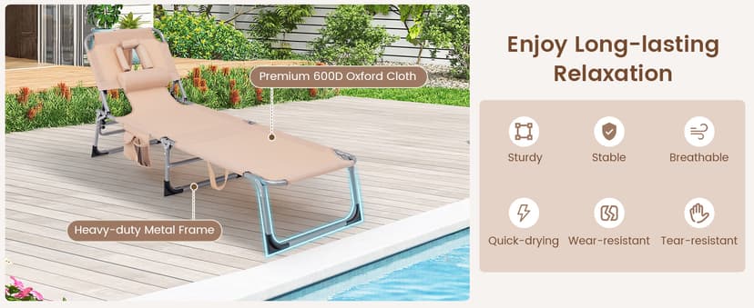 COSTWAY Tanning Chair with Face Hole, Folding Beach Lounge Chair with 4-Position Adjustable Backrest, Pillow & Side Pocket, Foldable Chaise Lounge Chair Outdoor for Sunbathing, Camping (1, Beige)