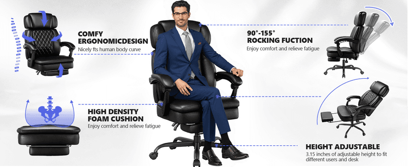 400lbs Executive Office Chair with Foot Rest for Heavy People, Ergonomic Big and Tall Desk Chair with Adjustable Headrest, High Back PU Leather Comfy Heavy Duty Computer Chair with Spring Cushion