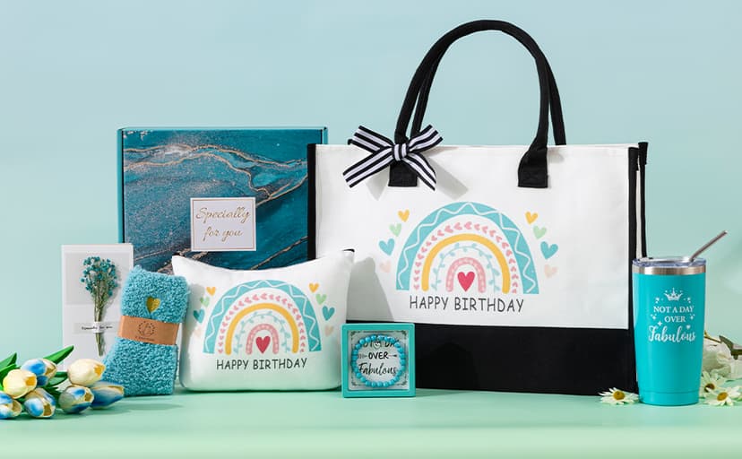 Birthday Gifts Basket for Women,Happy BD Box for Her,Tuning to a New Year Old Female Gifts Bag,Unique Canvas Tote Bag Bday Presents Set Ideas for Mom Best Friend Sister Aunt Teacher Coworker Grandma