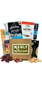 Manly Munch Box Jerky Gift Box, Curated Assortment of High Protein Snacks, Beef & Turkey Jerky Variety Pack Gift Set, Exotic Meat Gift for Men & Women