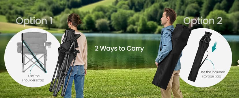 SONGMICS Oversized Lumbar Support Camping Chair, Heavy-Duty Outdoor Folding Chair Comfortable, Padded, Glamping, Cooler Bag, Weight Capacity 450 lb, Ink Black UGCB066B01