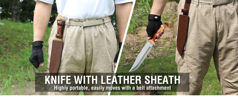 Mossy Oak 14-inch Bowie Knife, Full-tang Fixed Blade, Wood Handle Hunting Knife with Leather Sheath for Camping, Hiking, Survival