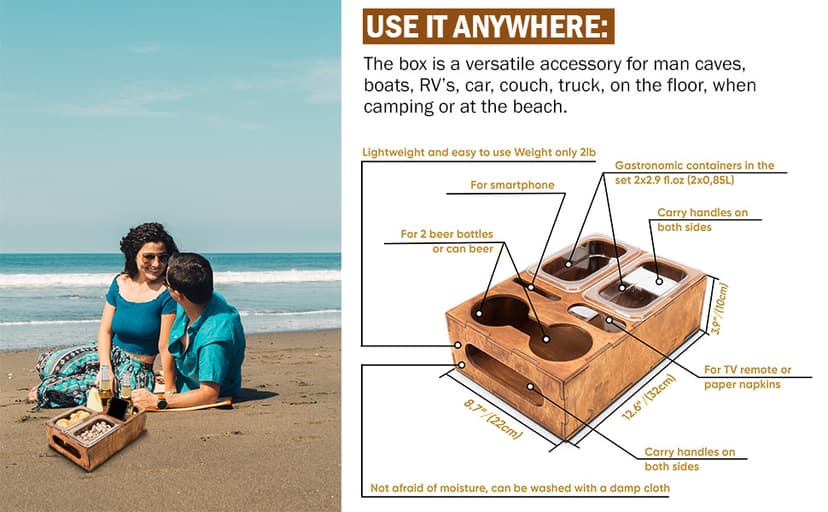 Wood Beer Box - Gift for Beer Lovers, Dad, Man, Him, Boyfriend- Drink Box Snacks Tray- Table Stand Caddy with slots for glasses, chips, nuts- Couch Organizer for Beverages, Remote Control, Phone stand