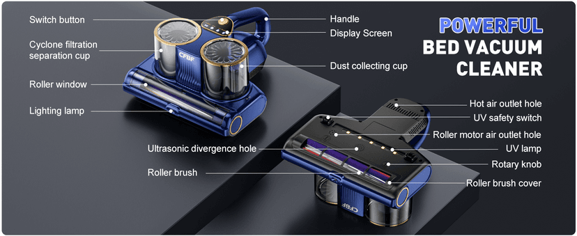 Mattress Vacuum Cleaner, Bed Vacuum Cleaner with 16Kpa Suction 253.7nm UV-C Light, Ultrasonic & High Heating, 500W Powerful Double-Cup Handheld Vacuums for Bed, Sofa, Couch, Crib, 16.4FT Corded