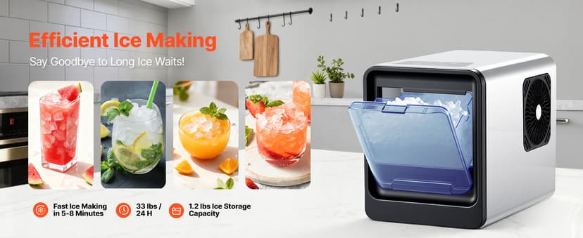 VEVOR Countertop Ice Maker, 33 lbs per Day, Self-Cleaning Portable Machine with Scoop, Drawer-Style Ice Access, Nugget Ice-Making Machine with Chewable ICES for Home, Kitchen, Office, Bar & Party