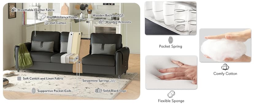 STHOUYN 88” Faux Leather Couch for Living Room, Black Office Couch Small Space, Comfy 3 Seater Couches Leather Sofa with High Backrest (Black)