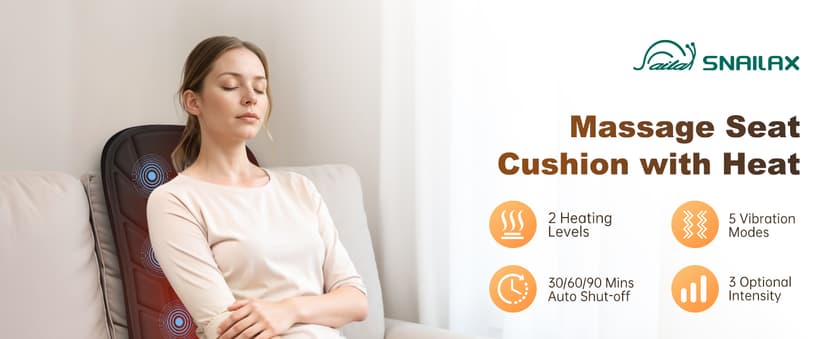 Snailax Back Massager with Heat, Massage Seat Cushion with 10 Motors, Massage Chair Pad for Home Office Use, 5 Modes & 3 Intensity Levels, 2 Heat Settings with 30-60-90 Mins Timer, Gifts for Him Her