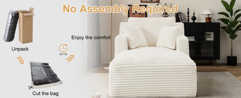65.4" Chaise Lounge Chair Indoor, Corduroy Oversized Boneless Lounge Chair Single Sofa Bed with 3 Pillows, Deep Seat Comfy Upholstered Reading Chair for Living Room, Bedroom, Apartment Beige