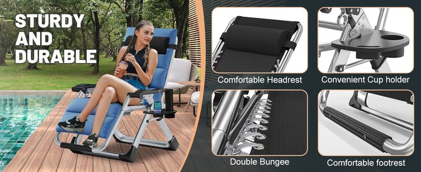 MOPHOTO Zero Gravity Chair, Outdoor Padded Lounge Chair with Side Table, Zero Gravity Recliner Chair, Outdoor Reclining Chair, Sturdy & Comfortable, Supports up to 440lbs