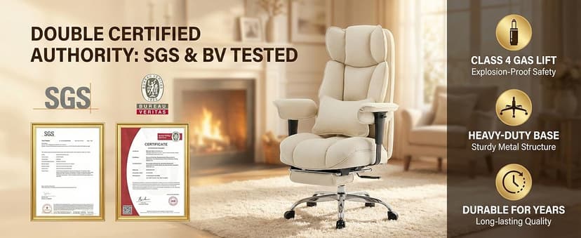 Efomao Executive Office Chair, Soft-Cushioned Computer Chair with Foot Rest, Fabric Home Office Desk Chairs, Big and Tall Office Chairs, Grey