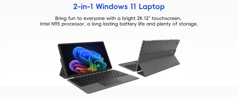 2-in-1 Laptop/Tablet (2025), Windows 11 PC with Magnetic Keyboard, 12” 2K FHD IPS Touchscreen Display, 4-core N95, 12GB DDR5 RAM 512GB SSD, 2 Stereo Speakers Computer for Home Business Students
