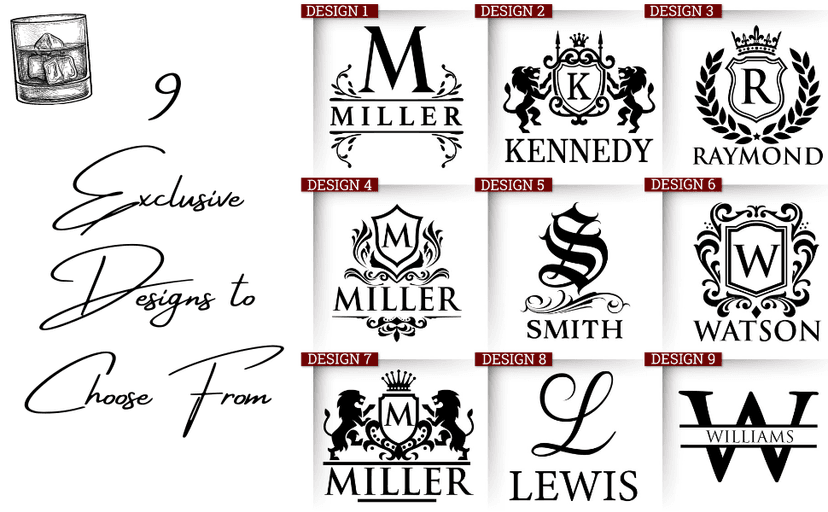 Amazing Items Set of 4 - Personalized Whiskey Glasses w/Name & Initial - 9 Designs - 9 oz, Limited Edition Monogrammed Rocks Glasses for Men, Dad Gifts