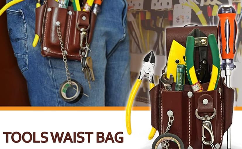 Ap-Leather Pro-5 Electrician Pouch, Leather Tool Pouch, 5 Pocket Pouch with Electrical Tape Holder, Durable Compartments, Tool Pouch with Belt Clip, Dark Brown