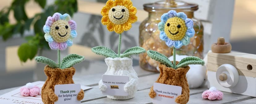 Cute Gifts for Women, Boss Day, Teacher Appreciation, Coworker & Nurse Thank You Gift, Desk Decor, 4.7 In H × 2.4 In W Forget-Me-Not Crochet Flower Potted Plant Gift B0F26ST99P