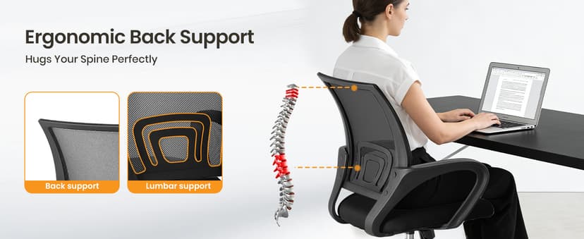 OLIXIS Office Desk Chair - Ergonomic Mid Back with Lumbar Support & Rocking Mode, Height Adjustable with Fixed Armrest, Storage Back for Computer, Gaming, Conference, Meeting, 360° Swivel, Black