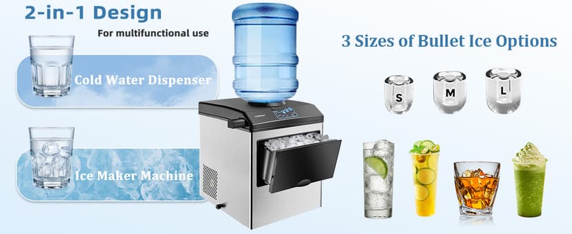 COSTWAY 2 in 1 Countertop Ice Maker Built-in Water Dispenser, 48LBS per Day, S/M/L Size Ice Cube, 5LBS Ice Storage Basket, Fast 6 Mins, Stainless Steel Ice Machine with Extendable Chilled Water Spout