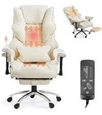 Massage Office Chair with Heat - 6 Points Vibration 400LBS Leather Reclining Office Chair with Lumbar Pillow, Adjust Headrest and Armrest, Executive Desk Chair for Home Office, Beige