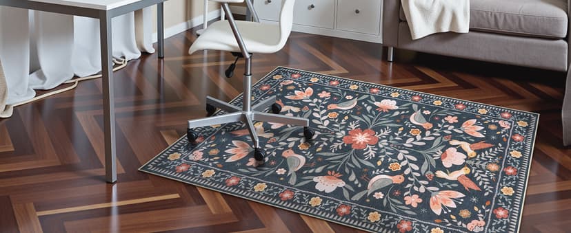 Anidaroel 48"x60" Office Chair Mat for Hardwood Floor/Tile, Black Floor Mat for Office Chairs, Anti-Slip Floral Under Desk Rug for Rolling Chairs, Bird Bug Low Pile Desk Chair Mats for Hardwood