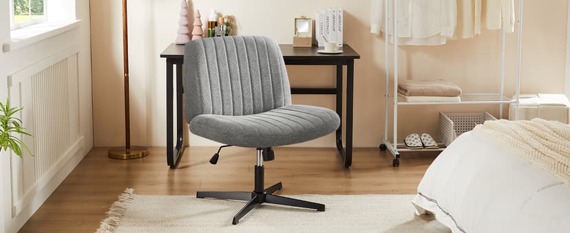 Sweetcrispy Criss Cross Chair Legged, Armless Office Swivel Desk Chairs No Wheels, Vanity Height Adjustable Wide Seat Comfy Cute Computer Task Seating for Home Bedroom, Grey