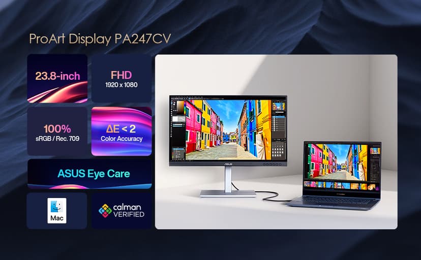 ASUS ProArt Display PA247CV 24-inch Monitor – IPS, Full HD (1920 x 1080), 100% sRGB, 100% Rec. 709, Color Accuracy ΔE < 2, Calman Verified, USB-C, Compatible with Laptop & Mac Monitor