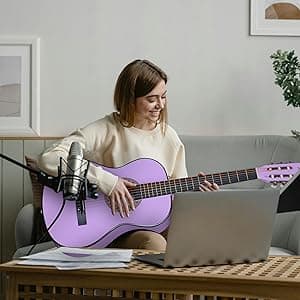 ADM Beginner Acoustic Classical Guitar 38 Inch Nylon Strings Wooden Guitar Bundle Kit for Kid Boy Girl Student Youth Guitarra Online Lessons with Gig Bag, Strap, Tuner, Strings, Purple