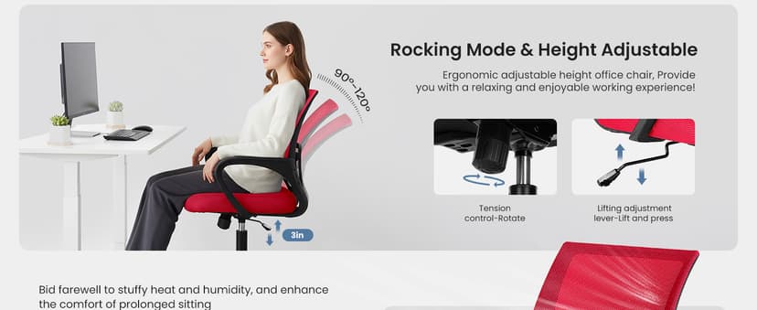 DUMOS Home Office Chair - Ergonomic Mid Back Mesh Desk Chair with Lumbar Support & Rocking Mode, Height Adjustable with Fixed Armrest, for Computer, Gaming, Meeting, 360° Swivel, Red