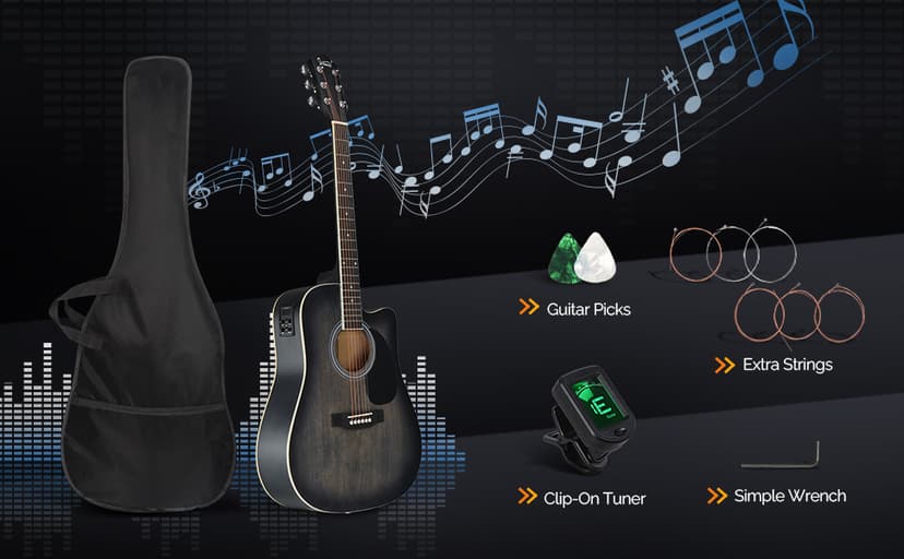 GLARRY Full Size 6 Strings Acoustic Electric Guitar Beginner Kit, Cutaway 41 Inch Electric Acoustic Guitar w/Inbuilt Tuner, Bag, Strap, Picks, Strings, Basswood Guitarra, Matte Distressed Black