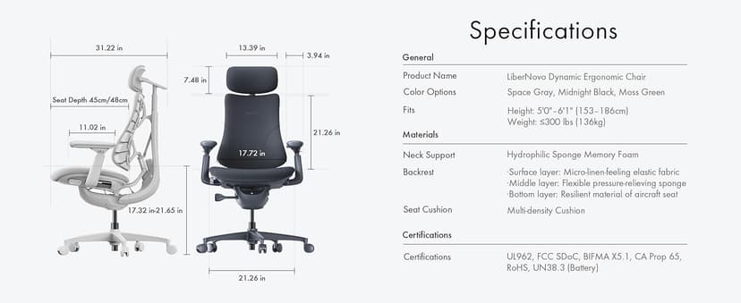 LiberNovo Dynamic Ergonomic Desk Chair + StepSync Footrest Bundle - Comfy Home Office Chair with Adaptive Lumbar Support, 160° Recline & Built-in Spine Stretch, Black+48cm