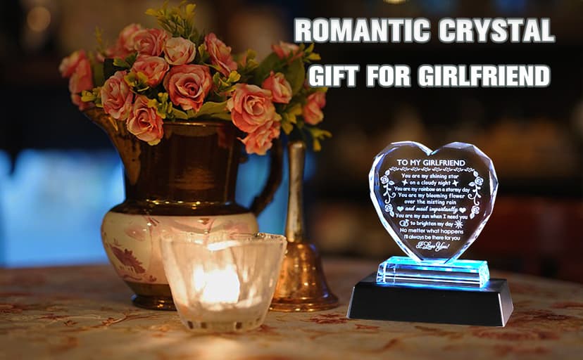YWHL Romantic Girlfriend Gifts from Boyfriend, To My Girlfriend Crystal Heart Shaped Keepsake with Colorful Light Base, Girlfriend Birthday Gift, Gifts for Girlfriend on Anniversary Valentine