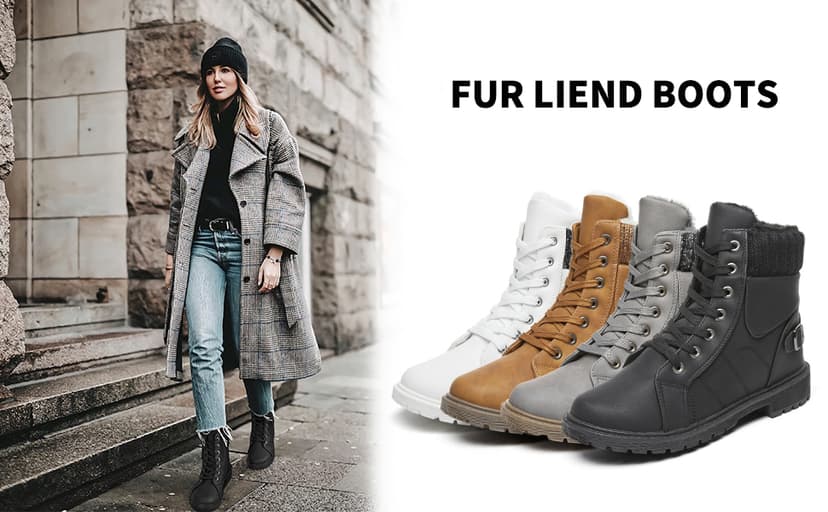 SERNIAL Womens Winter Snow Boots Fur Lined Ankle Boots White Black Side Zipper Booties