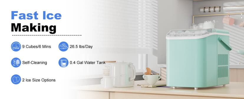 NEWBULIG Ice Makers Countertop with Handle, Portable Ice Machine, 9 Bullet Ice Cubes in 6 Mins, 26lbs in 24Hrs, Auto-Cleaning, with Basket and Scoop, for Home, Kitchen, RV, Camping,Green