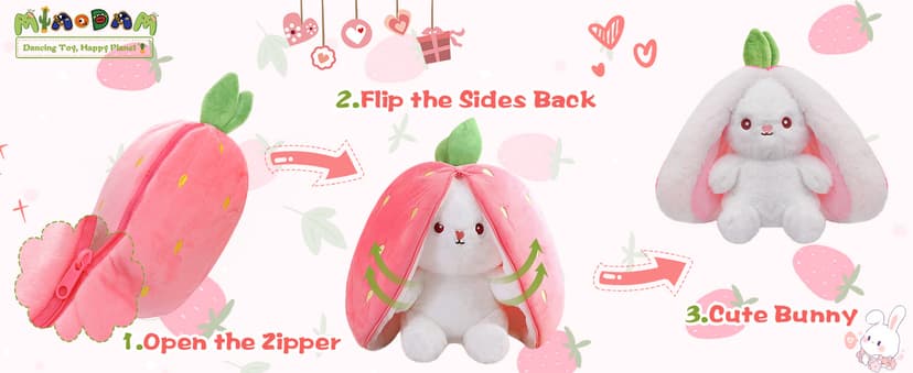 MIAODAM Bunny Stuffed Animal Reversible Cuddle Bunny Stuffed,Strawberry Bunny Transformed Rabbit Plush Zipper,Turns Into Ears Bunnies Plushies Toy Cute Stuffy Doll Easter