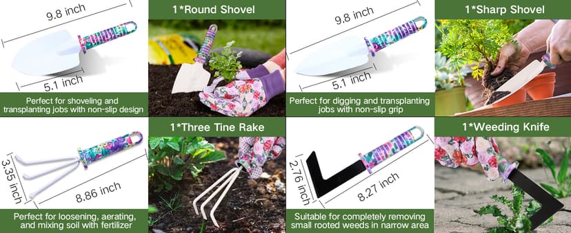 Garden Tools Set, JUMPHIGH 10 Pieces Gardening Tools with Floral Print, Ergonomic Handle Trowel Rake Weeder Pruner Shears Sprayer, Garden Hand Tools with Carrying Case Gardening Gifts for Women Father