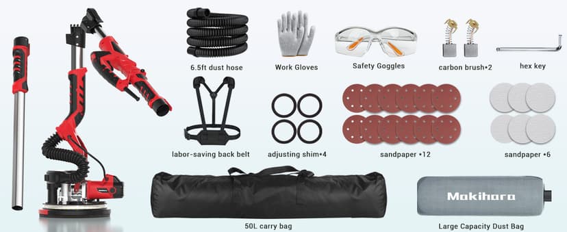 Drywall Sander, Popcorn Ceiling Removal Tool, 1000W Drywall Sander with Vacuum Dust Collector, 6 Variable Speed 500-2000rpm, 18pcs Sanding Discs, Led Light, Foldable & Extendable Handle