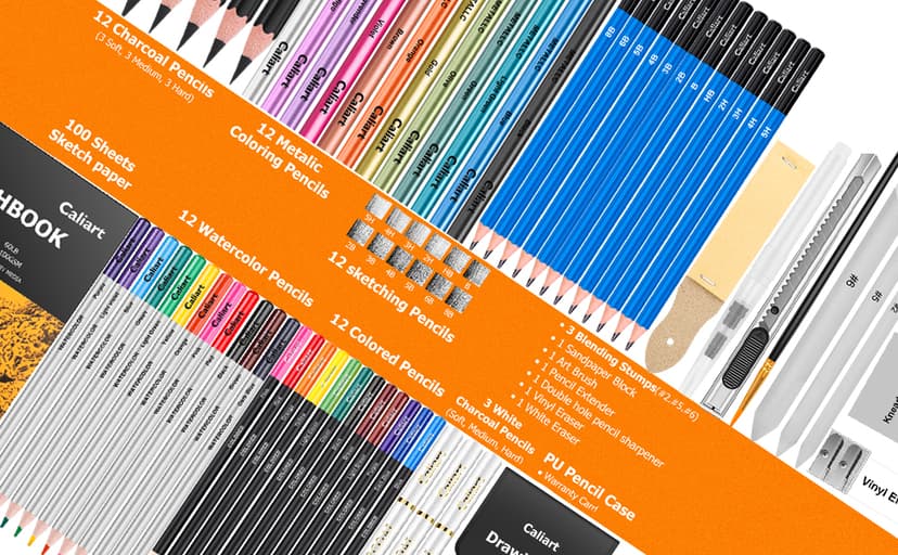 Caliart 176PCS Art Supplies Sketching Kit with 100 Sheets 3-Color Sketch Book, Graphite Colored Charcoal Watercolor & Metallic Pencils, School Supplies Gifts for Artists Adults Teens Girls Boys Kids