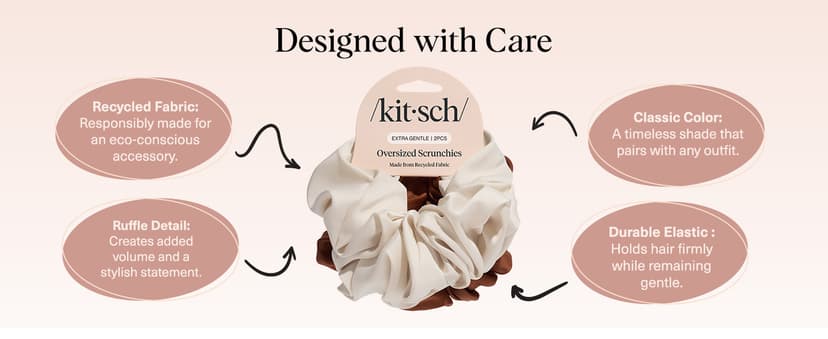 Kitsch Recycled Satin Oversized Scrunchies – Large Hair Scrunchies for Women, Eco-Friendly Hair Ties & Ponytail Holders | Ideal Gifts for Women - Camel & Cream, 2pc Set