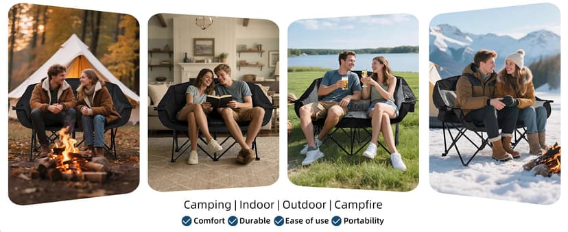 Double Camping Chair Loveseat - 2 Person Oversized Camping Couch for Adults Padded Heavy Duty Outdoor Lawn Beach Portable Folding Chairs with Cup Holders and Carry Bag Support 600lbs, Black/Grey