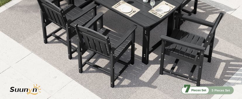 HDPE Outdoor Patio Dining Set with Table & 6 Chairs, All-Weather 7-Piece Outdoor Table and Chairs, 2" Umbrella Hole, Patio Furniture for Garden, Backyard, Deck | Grey
