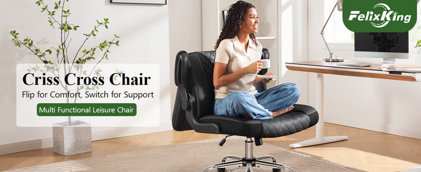 Criss Cross Office Chair with 2-in-1 Flip Backrest – Ergonomic PU Leather Floor Sitting Chair, Adjustable Height, 360° Swivel & Flip-Up Arms, Extra-Wide Seat for Home Office, Vanity, Nail Salon-Black