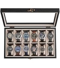 SONGMICS SONGMICS Watch Box, 12-Slot Watch Case Organizer with Large Glass Lid, 2 Layers, Removable Pillows, Metal Lock, Gift for Loved Ones, Black Synthetic Leather, Gray Lining UJWB012