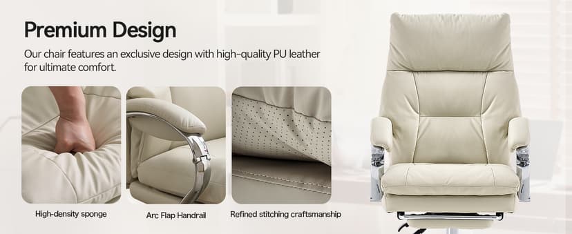 LEAGOO Office Chair with Foot Rest, Ergonomic Executive Office Chair with Arms, Reclining High Back PU Leather Comfy Swivel Computer Desk Chairs with Wheels and Lumbar Support for Home Office, Cream