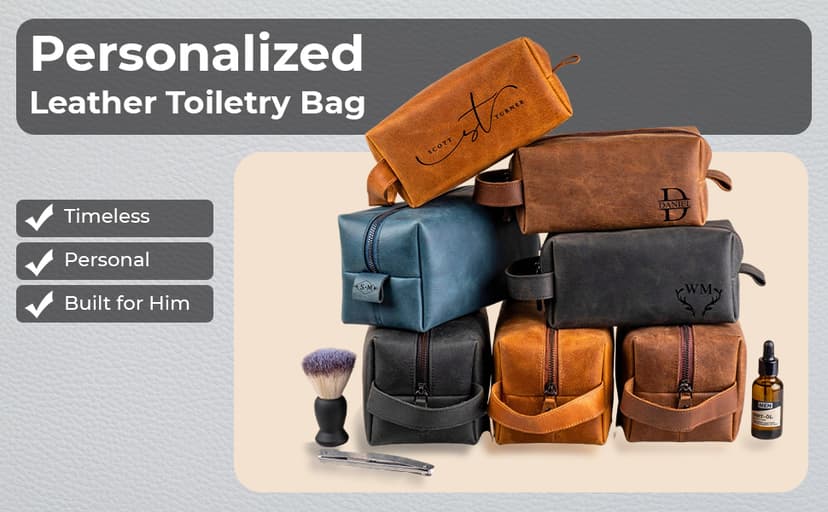 Personalized Leather Toiletry Bag for Men - Handmade Custom Engraved Dopp Kit, Perfect Gift for Dad, Husband, Birthdays & Anniversaries, Groomsmen Gifts, Travel Size Bag, Gifts for Him