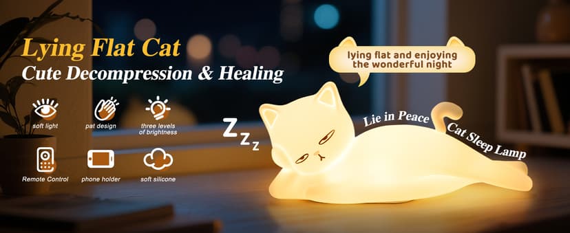 Lying Cat Lamp Funny Gifts, 16 Colors+5 Dimming+Silicone Random Stuff, Touch+Remote+Recharge Night Light, Unique Cool Lamp,Cute Weird Stuff, Squishy Cat White Elephant Gifts for Women/Men/Teens/Kids B0CH9K8NST