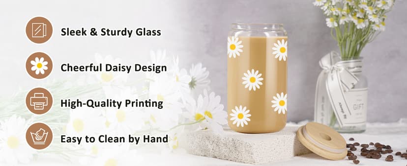 GSPY Daisy Aesthetic Gifts, Iced Coffee Cup, Cute Glass Cups with Lids and Straws - Cute Mugs, Flower Mug, Glass Tumbler - Retro, Christmas, Birthday Gifts for Women, Coffee Lovers, Friend, Girls, Mom