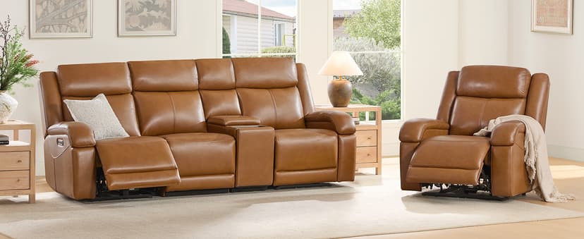Watson & Whitely Genuine Leather Power Recliner Sofa, 3 Seater Wall Hugger Reclining Sofas with Power Headrest, USB & TypeC Ports, Electric Recliner Couch Set for Living Room, Saddle Brown